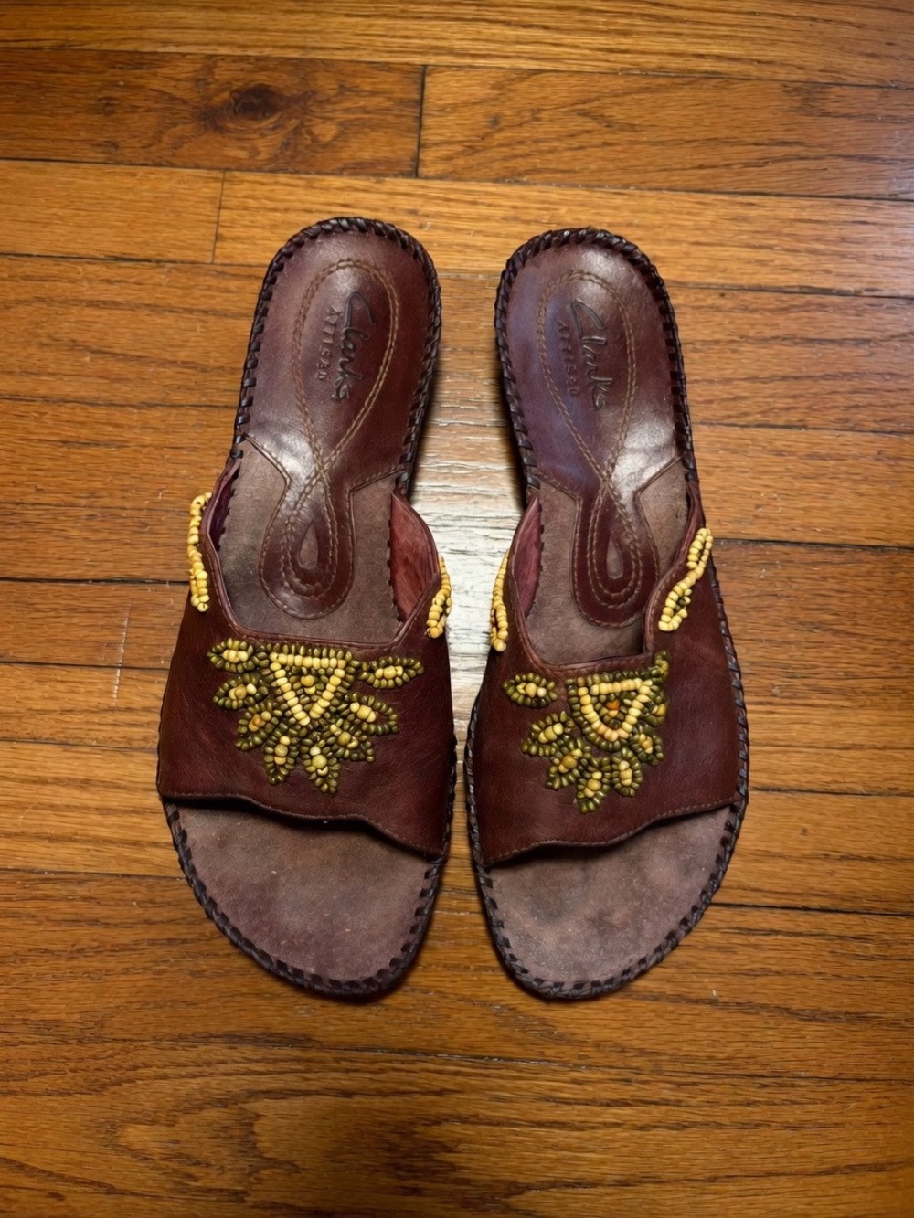 Clarks Brown Leather Beaded Slide Wedges 8
